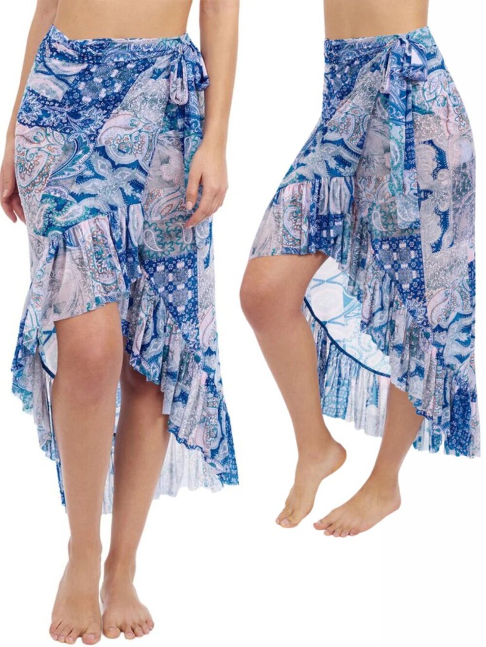 Profile by Gottex Karma High Low Ruffle Wrap Skirt -Blue multi